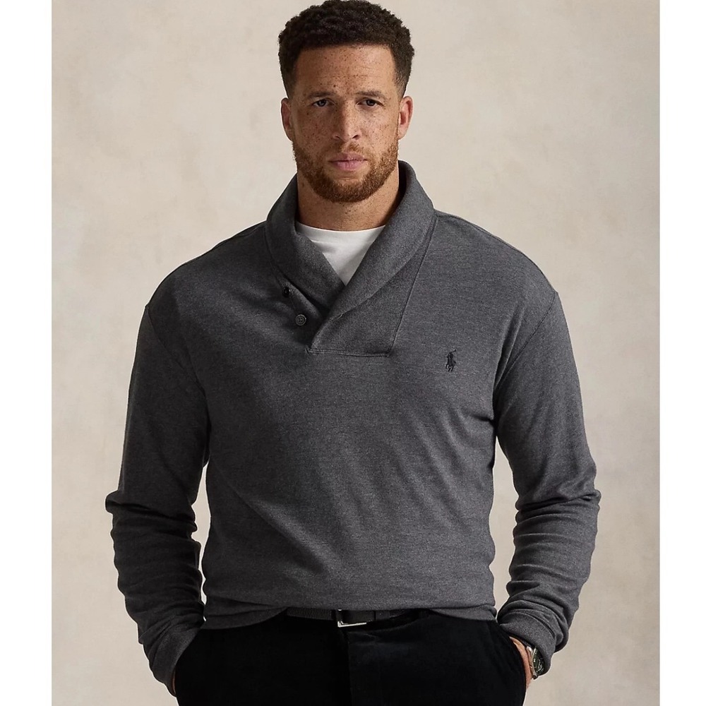 Polo Ralph Lauren Sweater Men Charcoal Grey Shawl Collar Estate Rib Pullover XXL